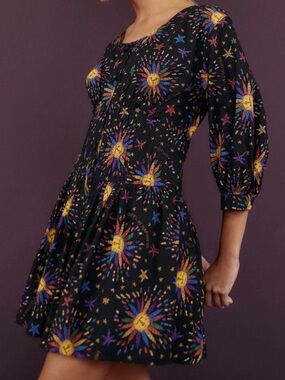 FARM RIO Medium Rainbow Suns Mini Dress Black Graphic Print Puff Sleeve $195